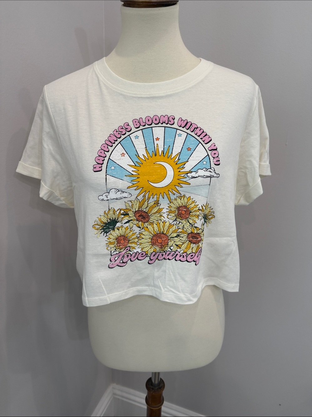 Love Yourself White Crop Tee with Sunflower Graphic